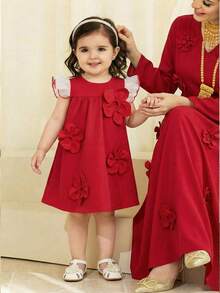 Đầm bé gái dáng chữ A tay ngắn phối màu organza, kiểu dáng thanh lịch, họa tiết hoa 3D, họa tiết tương phản, màu đỏ. - Đỏ - Xem 5