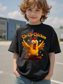 SHEIN 男童休闲时尚创意个性清新简约可爱卡通小鸡、星星、字母印花基础款短袖T恤，舒适日常穿着，温暖的夏秋款式，适合春、夏、秋季穿着。 - 黑色 - 查看 3