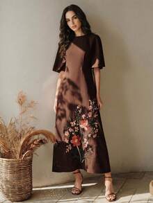 Anewsta 女士圆领短袖刺绣连衣裙，优雅 - 咖啡棕 - 查看 6