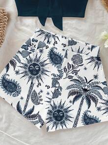 Soleia Setelan 2 Potong untuk Liburan Pantai Musim Panas Wanita: Atasan Tube Crop dengan Simpul dan Celana Pendek Motif Tanaman Tropis - MultiWarna - View 6
