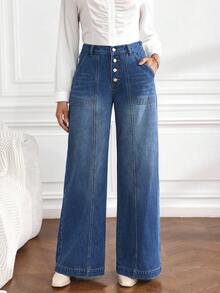 SHEIN Tall Jeans anchos de pierna ancha con bolsillos en diagonal y botones, de uso casual y para ir al trabajo, para mujer - Azul lavado oscuro - Ver 4