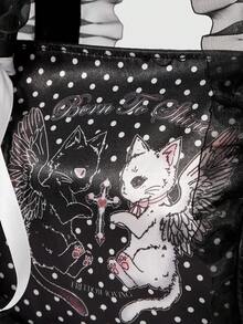 ROMWE Kawaii Túi xách đeo vai hình trụ kiểu Boston dễ thương, họa tiết ngôi sao nhiều màu sắc, ren, phong cách retro dành cho nữ, 1481690 - Mèo có cánh - Xem 3