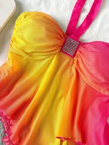 Soleia 女士度假针织网纱渐变色浪漫修身系带仿钻装饰渐变吊带背心，适合派对、圣诞节、约会、夜店、波西米亚风、度假、秋季等场合。 - 彩色 - 查看 5