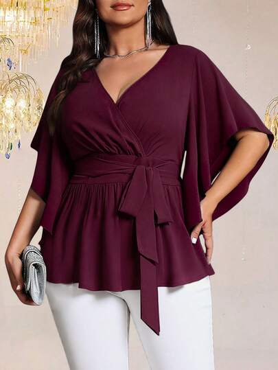 SHEIN Elenzya Plus Size Women's Solid Color Fitted V-Neck Flare Sleeve Tie Waist Ruffle Hem Elegant Casual Party Blouse