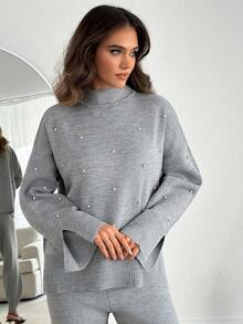 EURMUSE Set de 2 piezas de mujer con suéter de unicolor casual y pantalones largos con decoración de rhinestones, para otoño/invierno - Gris Claro - Ver 3