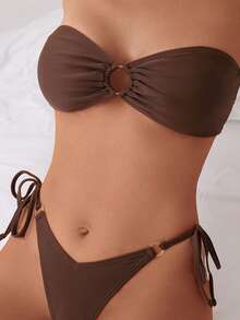Swim Basics Ladies' Solid Color Simple Daily Bikini Set (Two-Piece) Bathing Suit For Summer Beach - Coffee Brown - View 3