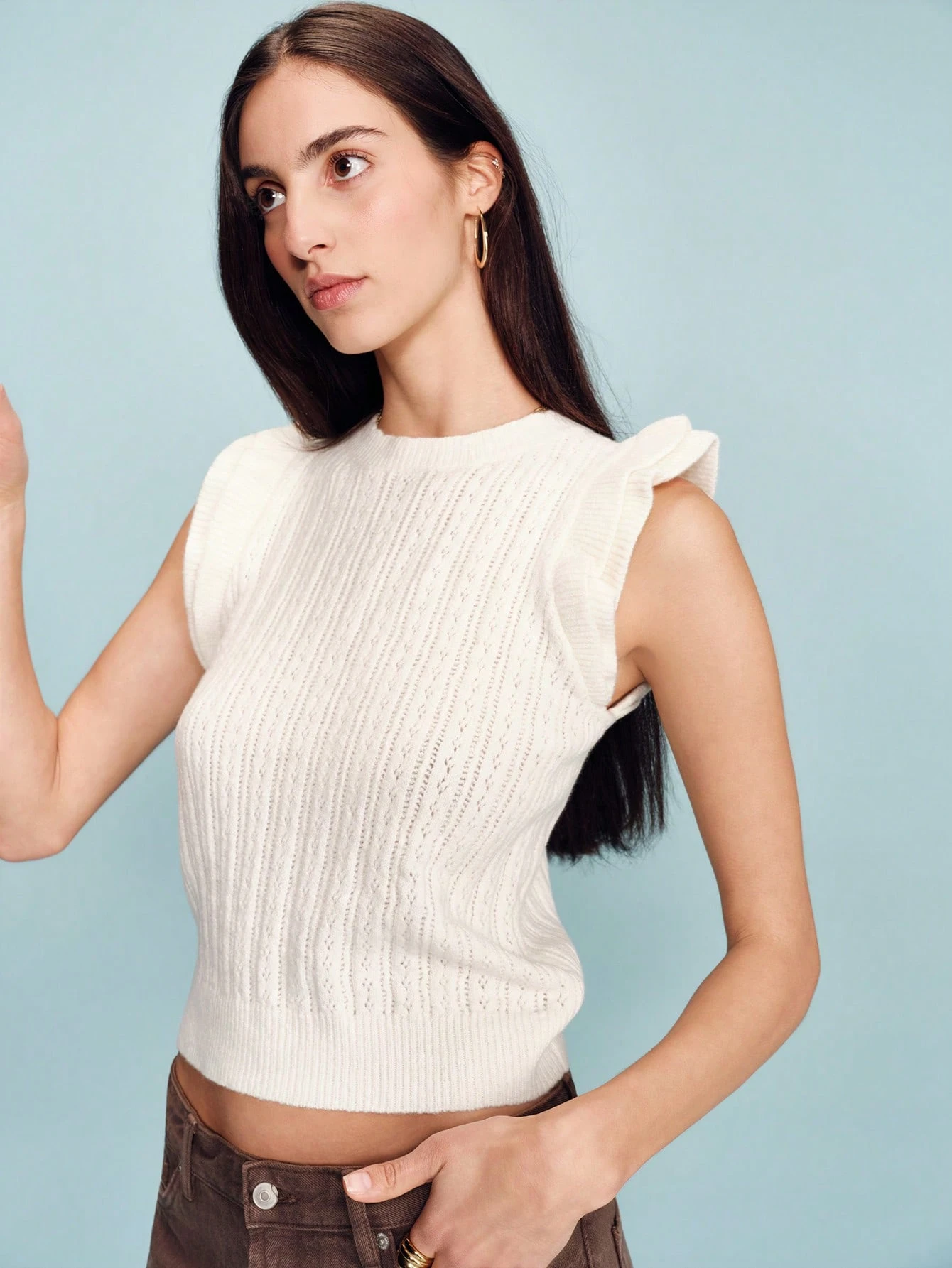 Blusa de punto con volantes en los hombros, estilo vintage francés, estilo primaveral, estilo parisino