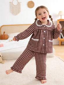 女婴睡衣 - 两件套睡衣，棕色格子蕾丝彼得潘领圆领长袖纽扣上衣，松紧腰荷叶边长裤，四季皆宜，2026年假日必备复古舒适经典可爱款 - 酒紅色 - 查看 3