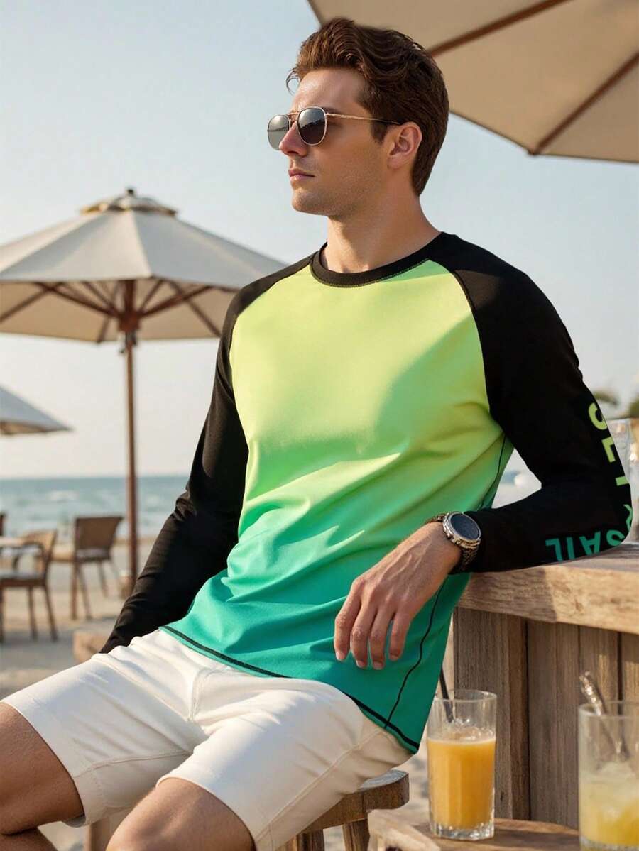 Manfinity Swimmode Men's Ombre Round Neck Long Sleeve Surfing T-Shirt, Beach Vacation Men Rash Guard Men Long Sleeve Swim Shirt Long Sleeve Surf Shirt Beach Wear For Men - Green - View 1