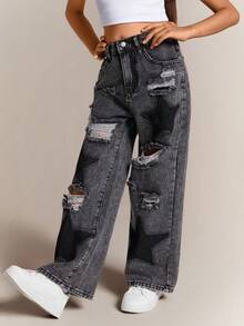 Radiana Y2K Grunge Punk Girls' Loose Fit Distressed Star Patched Contrast Color Wide Leg Boy Friend Jeans, School,Streetwear - Black - View 7