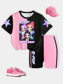 2pcs/Set Spring And Summer Casual Fashion Creative Personalized High-End Refreshing Leopard Print Patchwork Graphic Letter Print Relaxed Back-To-School Style Basic Tee + Bike Shorts Outfit, Comfortable Daily Wear, Suitable For Tween Girls In Spring, Summer And Autumn School Black And White Polka Dot - Multicolor - View 5