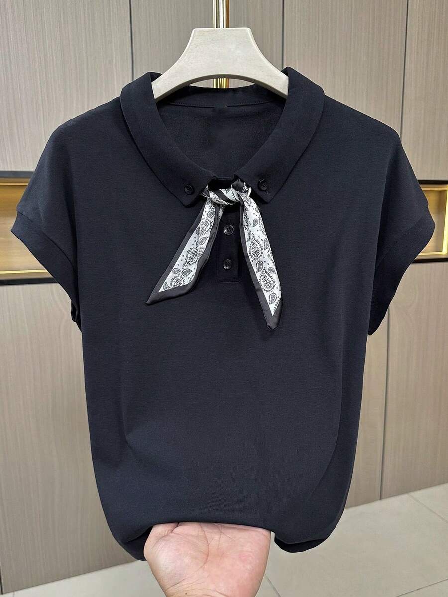 Franclia 女士简约休闲纯色Polo领围巾系带短袖T恤 情人节夏季上衣 女士休闲T恤 黑色T恤带围巾系带上衣 女士优雅蝴蝶结上衣 - 黑色 - 查看 1