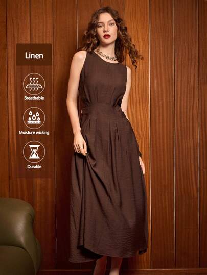 Uhlyne Vestido de lino minimalista para mujer, vestido francés elegante y vintage con cuello redondo, sin mangas, cintura plisada, adecuado para uso diario casual, vacaciones, fiestas, ir al trabajo y otras ocasiones