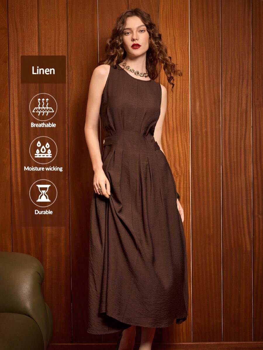 Uhlyne 女士极简亚麻连衣裙，圆领无袖褶裥腰身法式时尚连衣裙，复古优雅，适合日常休闲、度假、派对、通勤等各种场合。 - 咖啡 - 查看 1