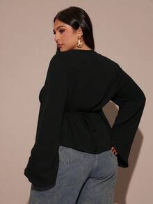 SHEIN BAE Plus Size Women V-Neck Ruched Long Sleeve Top, Autumn/Winter Fall - Black - View 2