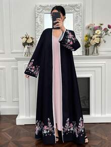 Yasmyna Áo choàng Abaya dài tay dáng rộng thanh lịch dành cho nữ, thêu hoa và ghép mảnh. - màu đen - Xem 3