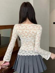 DAZY 女士蕾丝镂空蝴蝶结长袖T恤，可叠穿上衣 - 白色 - 查看 2