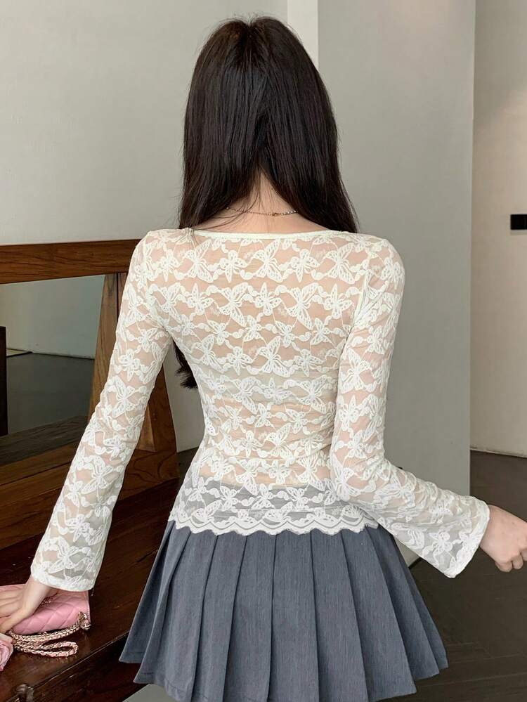 Women Lace Hollow Bowknot Long Sleeve T-Shirt, Layering Top