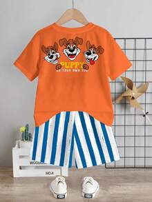 SHEIN 2 piezas Conjunto de camiseta casual y pantalones a rayas para niño, camiseta con estampado de perrito lindo, pantalones con patrón a rayas azul y blanco, adecuado para el verano - Multicolor - Ver 3