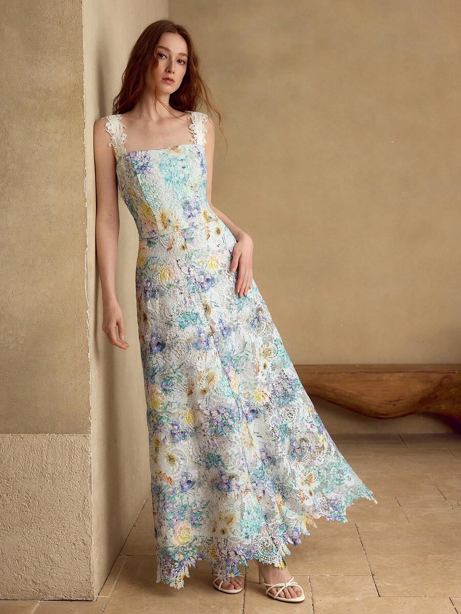 MOTF PREMIUM ELEGANT LACE EMBROIDERED FLORAL PRINT DRESS, SPRING/SUMMER - Multicolor - View 1