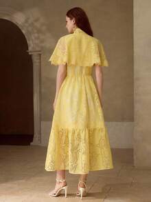 MOTF PREMIUM ELEGANT ORGANZA CONTRAST LACE BOW TIE CHIFFON DRESS, SPRING/SUMMER - Yellow - View 3