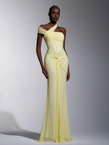 Elitara Elegant Luxurious Light Yellow Elastic Knit Patchwork Mesh, Asymmetric Collar Lapel With Pleated Fishbone Fitted Bridesmaid Dress - Yellow - View 4