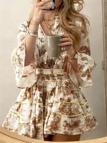 Cévolie Women's Fashionable Casual Elegant Romantic Vacation Floral Print Button Front Dress - Brown - View 3