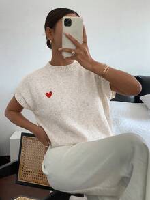 Siren Gaze Women's Casual Minimalist Heart Embroidered Knit Top, Spring Women, Summer ,Valentines Day , Valentine ,Valentine's Day ,Birthday For Women, Going Out Top For Women - Apricot - View 5