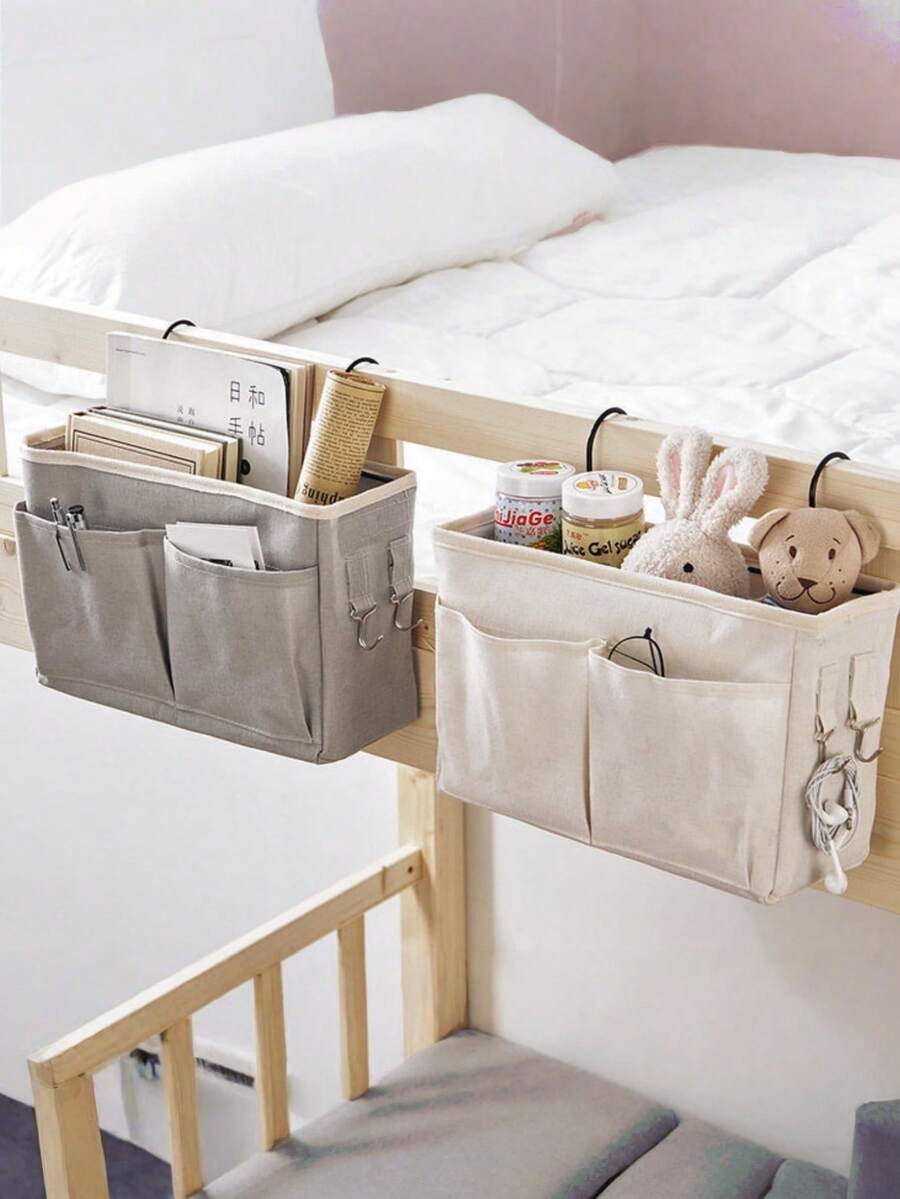 Madebyblanc 1PC New Cotton Linen Large Capacity Side Double Hooks Side Mesh Pockets Hanging Organizer Storage Bag Multi Color Available Dorm Room Bedside Home Organization Dorm Essential