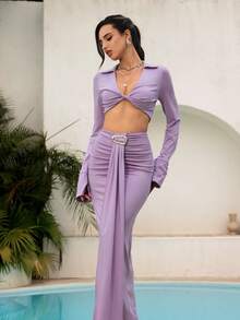 NOVVYNE Women's Midriff-Baring 2 Pieces Set, Purple V-Neck Twist Top With Ruffle Mermaid Maxi Skirt - Purple - View 4