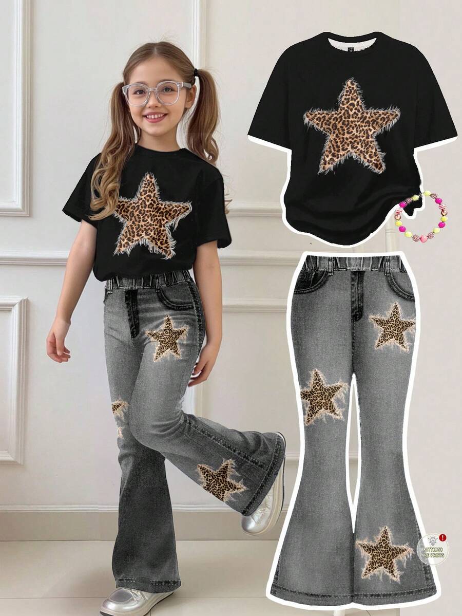 2pcs/Set Young Girl Casual Vintage Leopard Print & Star Graphic Loose Fit Round Neck Short Sleeve T-Shirt And Flare Pants, Suitable For Daily Wear, Spring & Summer - Multicolor - View 1
