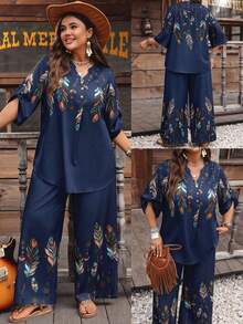 EMERY ROSE Plus Size Women's Casual Bohemian Style Feather Print Roll Tab Sleeve Loose Top And Wide Leg Pants 2 Piece Set, Spring/Summer/Autumn/Vacation - Navy Blue - View 1