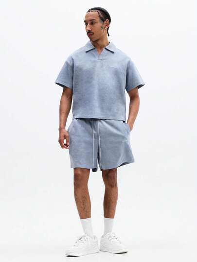 SUMWON Conjunto de polo y pantalón corto a juego con textura de gamuza, con top de manga corta con cuello y pantalones cortos con cordón para uso casual en verano