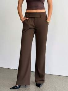 SHEIN Tall 女士时尚休闲复古口袋喇叭裤，复古风，商务休闲女装，外出穿搭，返校季，巧克力色喇叭裤，休闲裤，复古裤，夏季穿搭 - 棕色 - 查看 10