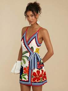 Travachic Đầm hai dây mini nữ phong cách tối giản, buộc dây, họa tiết cây dừa nhiệt đới và vẹt, kiểu bohemian, phối màu retro, thích hợp cho các buổi đi chơi, đi biển, du lịch, thanh lịch. - trắng - Xem 6