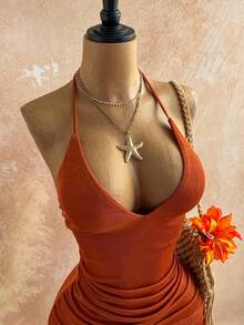 Soleia 新款性感V领吊带露背金属拼接紧身迷你连衣裙，适合约会、派对、波西米亚风、度假、复古、假日等场合。 - 鏽棕色 - 查看 5