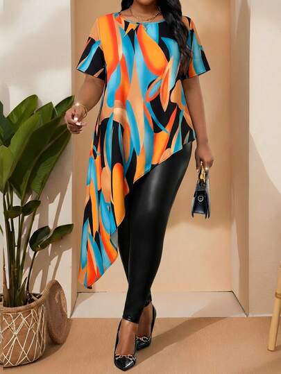 SHEIN Lady 大码休闲不对称下摆印花衬衫，夏季