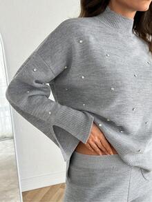 EURMUSE Set de 2 piezas de mujer con suéter de unicolor casual y pantalones largos con decoración de rhinestones, para otoño/invierno - Gris Claro - Ver 6