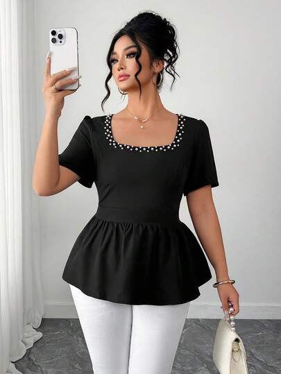Elenzga Plus Size Women Elegant Versatile Casual Commute Beaded Square Collar Flared Waist Short Sleeve Blouse, Spring/Summer
