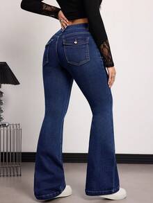 SHEIN Tall 春夏女士休闲喇叭牛仔裤，舒适弹力，时尚休闲优雅，水洗蓝色喇叭牛仔裤 - 深色水洗藍 - 查看 2