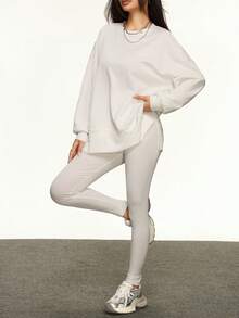 Rina Fox Bộ đồ nữ gồm áo nỉ và quần legging màu trơn, kiểu dáng thường ngày, thích hợp cho mùa thu/đông. - Màu be - Xem 4