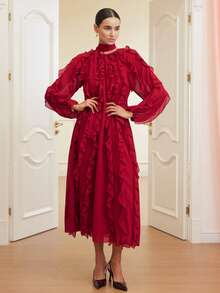 Aveloria Rosie Đầm dài tay màu đỏ trơn sang trọng kiểu châu Âu, chất liệu chiffon cao cấp, xếp lớp, cổ bèo nhún, eo thắt, dành cho nữ. - Màu Đỏ Sâu - Xem 6