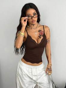 Coolane Women's Summer Cute Daily Wear Basic Contrast Lace Bow Slim Fit Blue Tank Tops - Brown - View 3