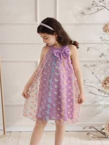女童优雅可爱蝴蝶网纱露背无袖A字休闲连衣裙，适合节日派对、生日礼物、度假、春夏穿着 - 紫色 - 查看 3