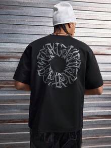 AXEPEAK 男士休闲字母图案圆领短袖T恤，夏季 - 黑色 - 查看 3