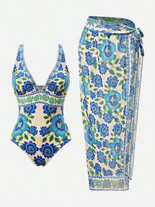 Swim Oasis 一套女士印花连体泳衣，含配套罩裙，适合海滩度假 - 彩色 - 查看 2