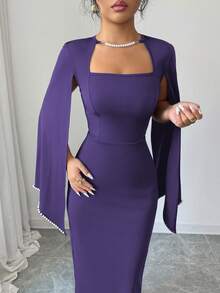 Elenzga Vestido ajustado con decoración de perlas elegante y refinado para mujeres - Bold Plum - Ver 6