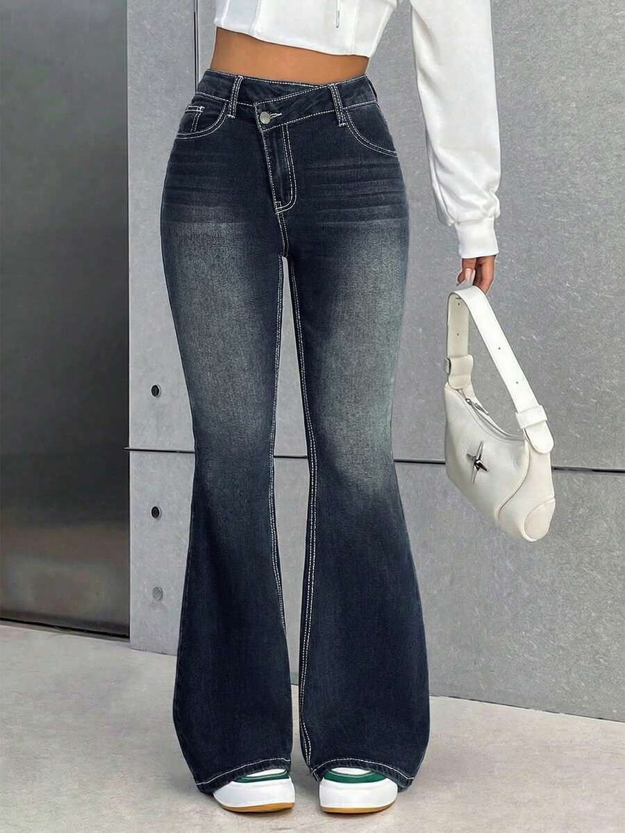 SHEIN Tall Women's Casual Washed Asymmetric Waist Flare Leg Jeans - Dark Wash - View 1