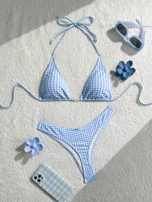 Swim Mod 女士格子比基尼套装，适合海滩度假 - 藍白色 - 查看 3