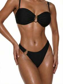 Swim Chiccia 女士黑色镂空金属扣泳衣套装，优雅休闲，适合春夏度假、海滩、派对穿着 - 黑色 - 查看 5